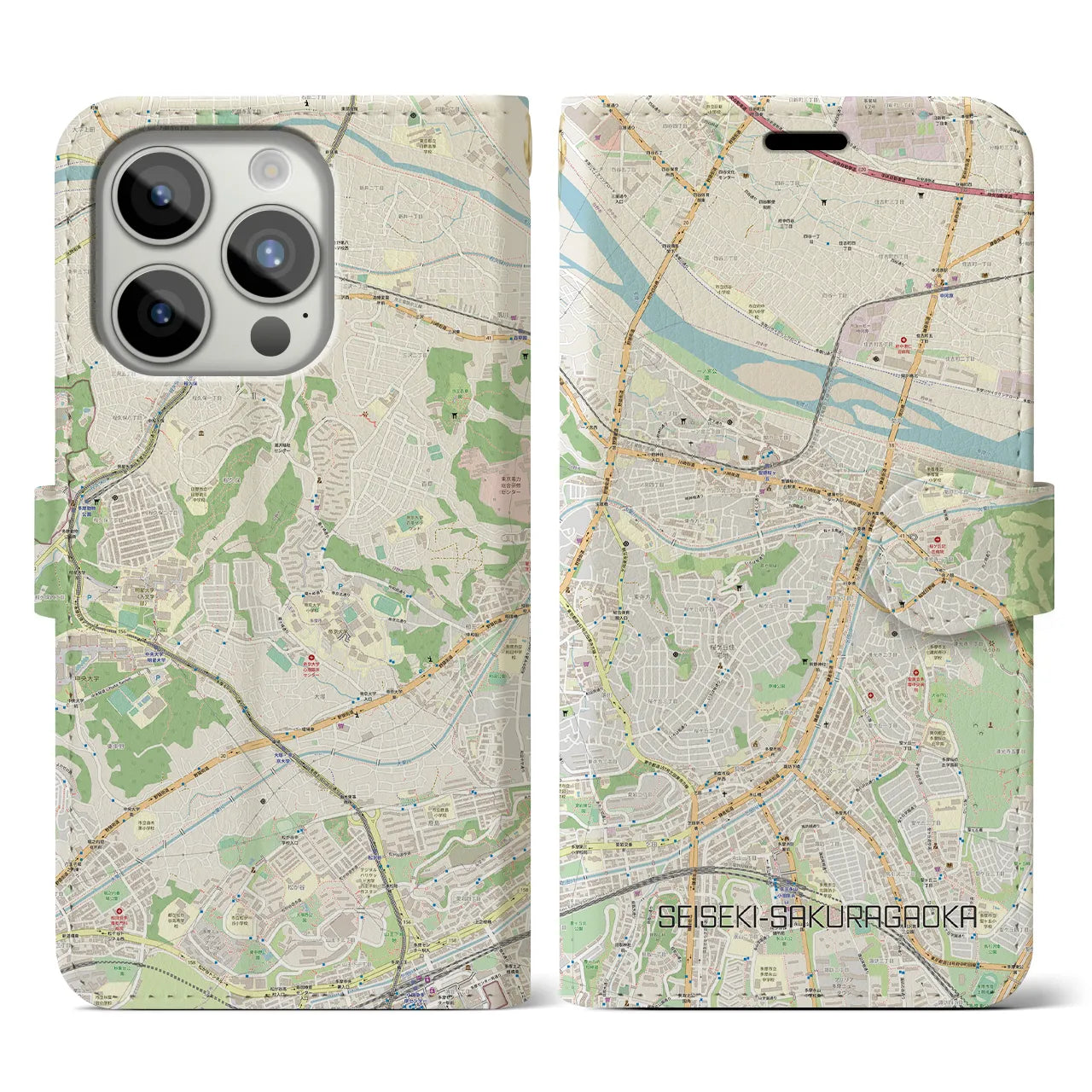【聖蹟桜ヶ丘(東京都)】地図柄iPhoneケース(手帳タイプ)ナチュラル・iPhone 15 Pro 用