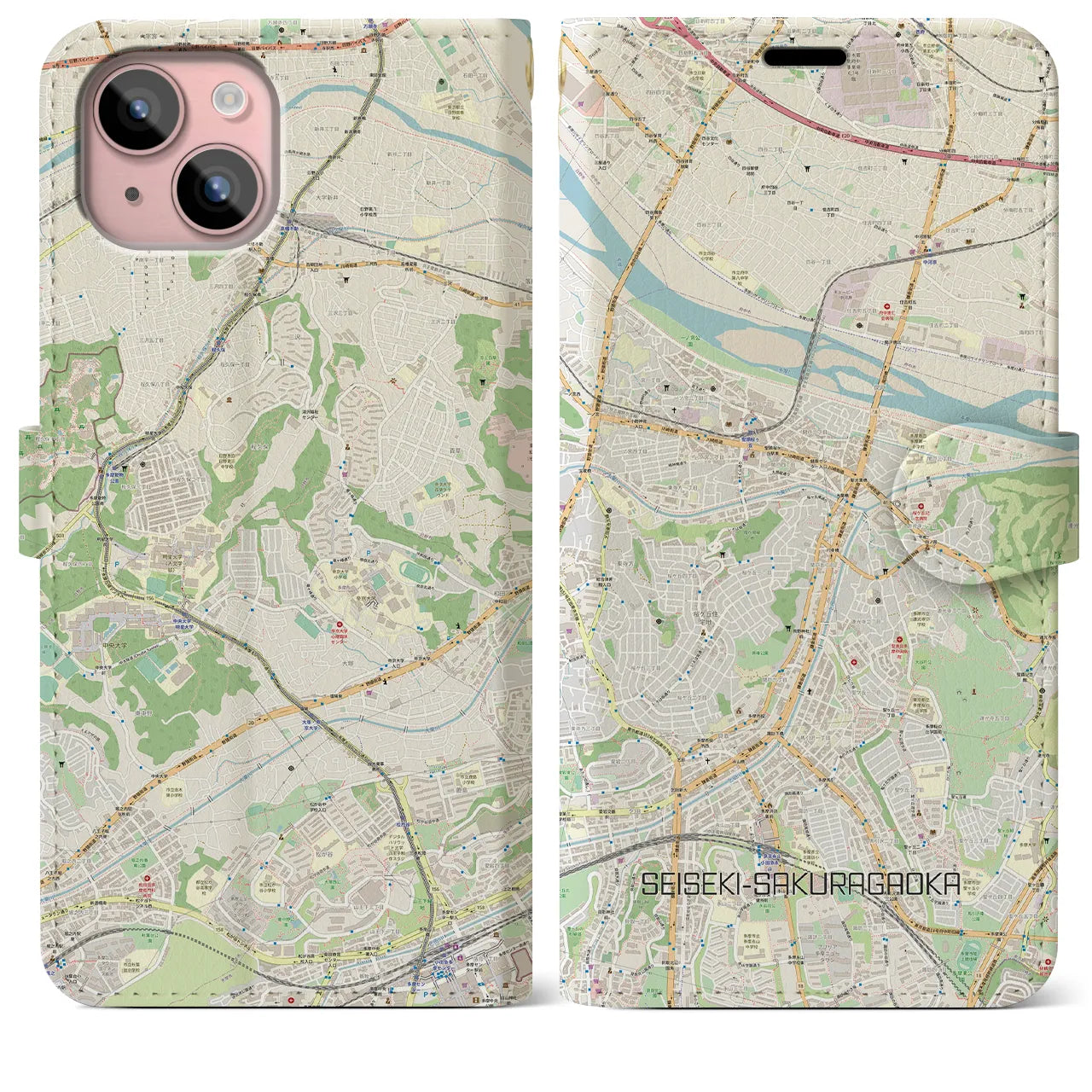 【聖蹟桜ヶ丘(東京都)】地図柄iPhoneケース(手帳タイプ)ナチュラル・iPhone 15 Plus 用