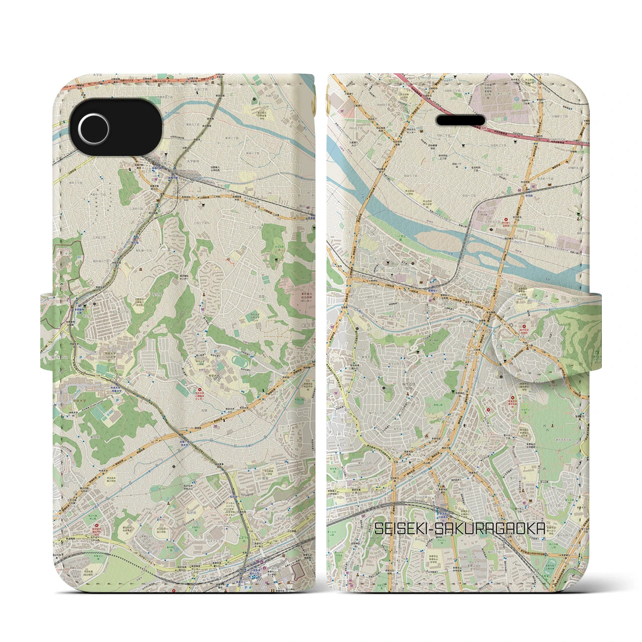 【聖蹟桜ヶ丘(東京都)】地図柄iPhoneケース(手帳タイプ)ナチュラル・iPhone SE(第3 / 第2世代) / 8 / 7 / 6s / 6 用