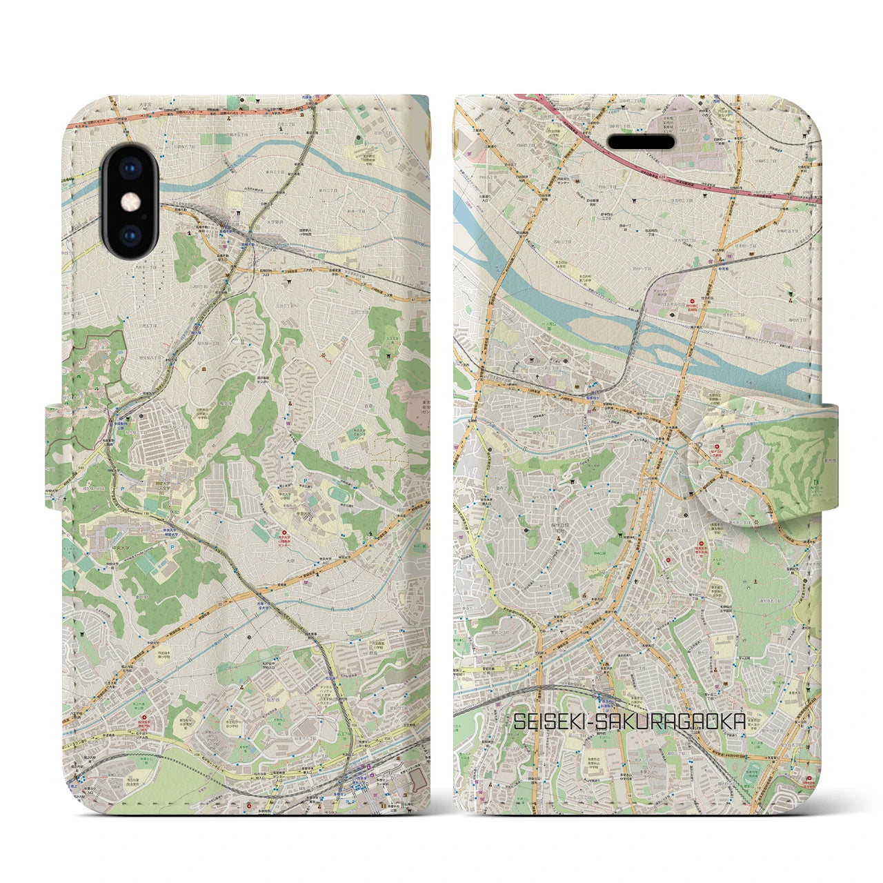 【聖蹟桜ヶ丘(東京都)】地図柄iPhoneケース(手帳タイプ)ナチュラル・iPhone XS / X 用