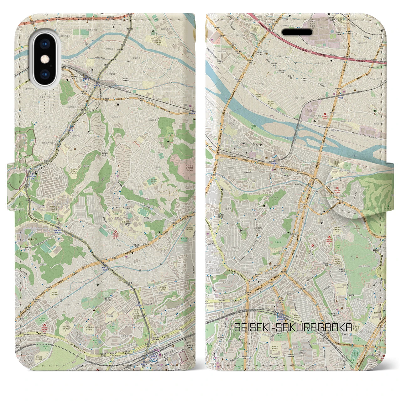【聖蹟桜ヶ丘(東京都)】地図柄iPhoneケース(手帳タイプ)ナチュラル・iPhone XS Max 用
