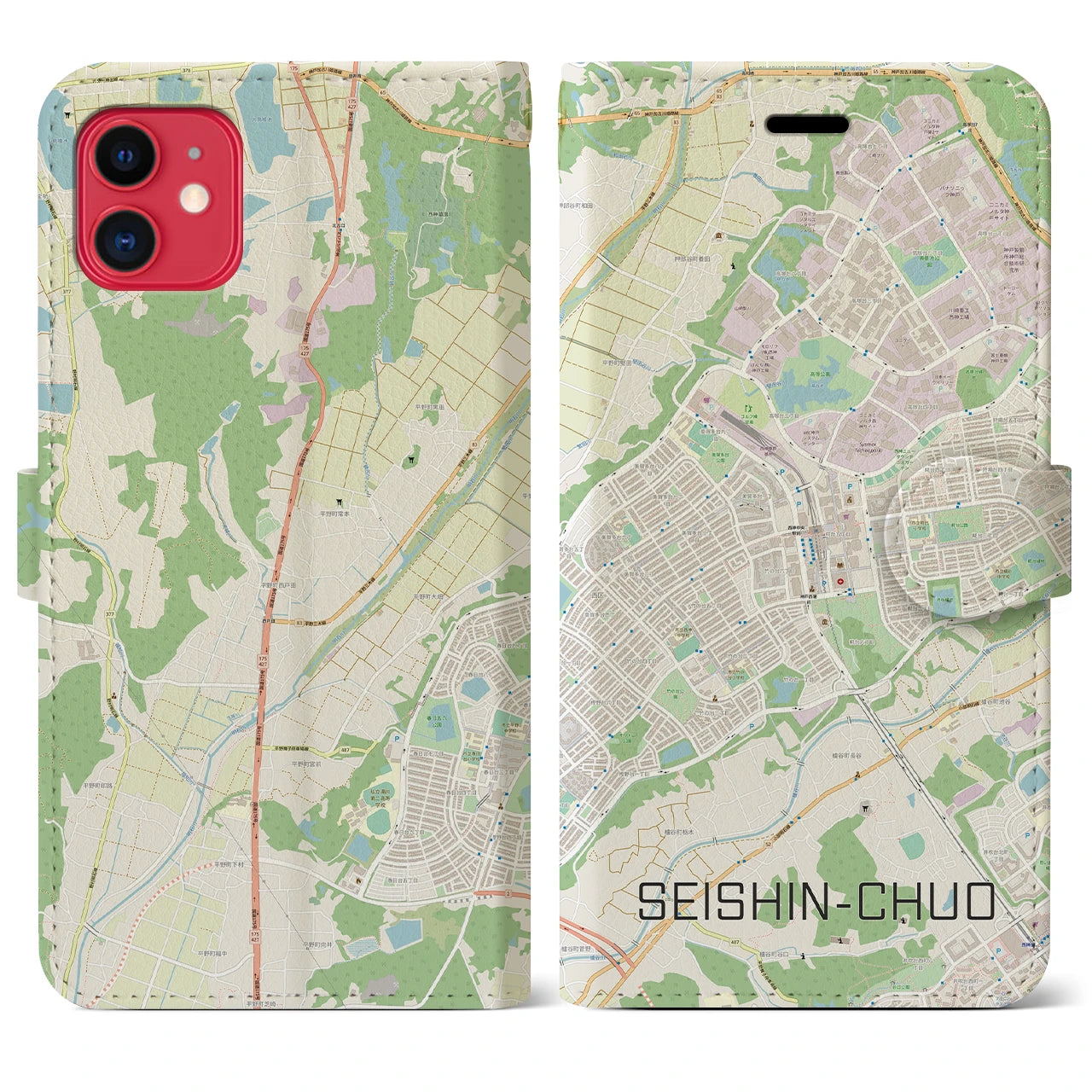 【西神中央(兵庫県)】地図柄iPhoneケース(手帳タイプ)ナチュラル・iPhone 11 用