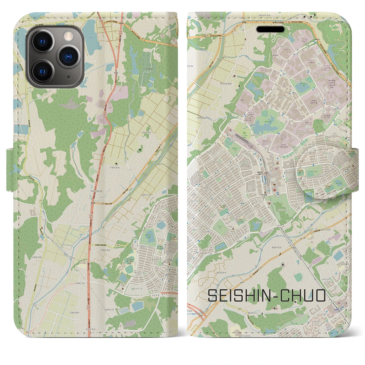 【西神中央(兵庫県)】地図柄iPhoneケース(手帳タイプ)ナチュラル・iPhone 11 Pro Max 用