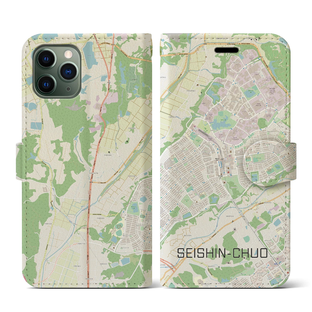 【西神中央(兵庫県)】地図柄iPhoneケース(手帳タイプ)ナチュラル・iPhone 11 Pro 用
