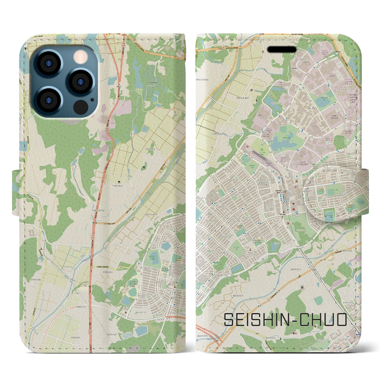 【西神中央(兵庫県)】地図柄iPhoneケース(手帳タイプ)ナチュラル・iPhone 12 / 12 Pro 用