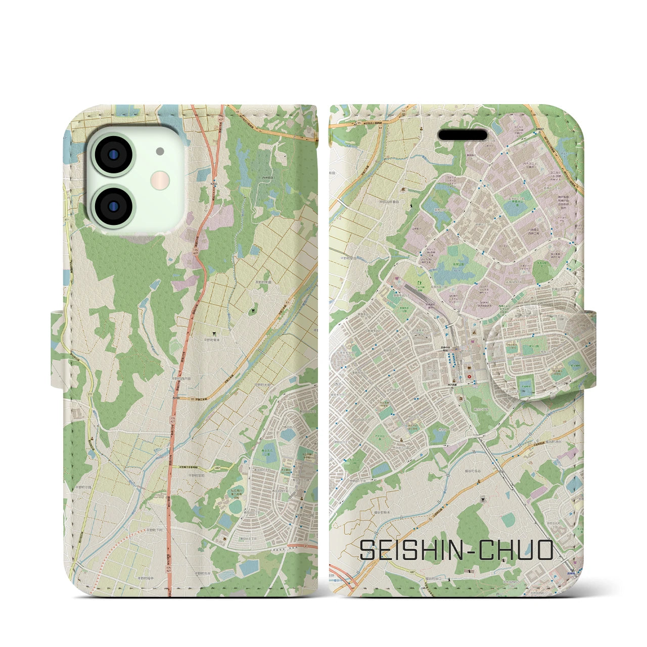 【西神中央(兵庫県)】地図柄iPhoneケース(手帳タイプ)ナチュラル・iPhone 12 mini 用