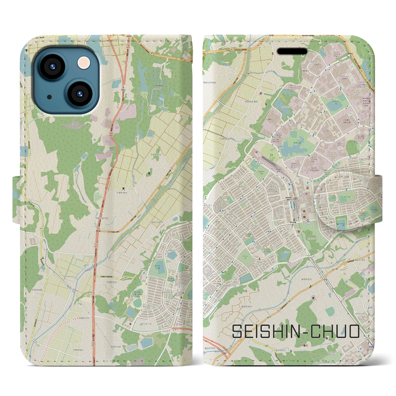 【西神中央(兵庫県)】地図柄iPhoneケース(手帳タイプ)ナチュラル・iPhone 13 用