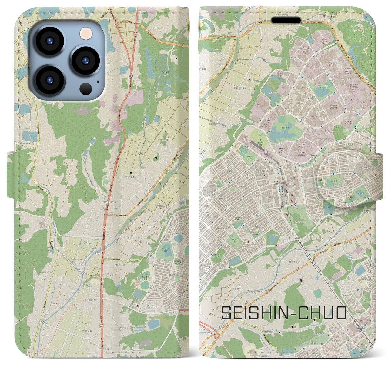 【西神中央(兵庫県)】地図柄iPhoneケース(手帳タイプ)ナチュラル・iPhone 13 Pro Max 用