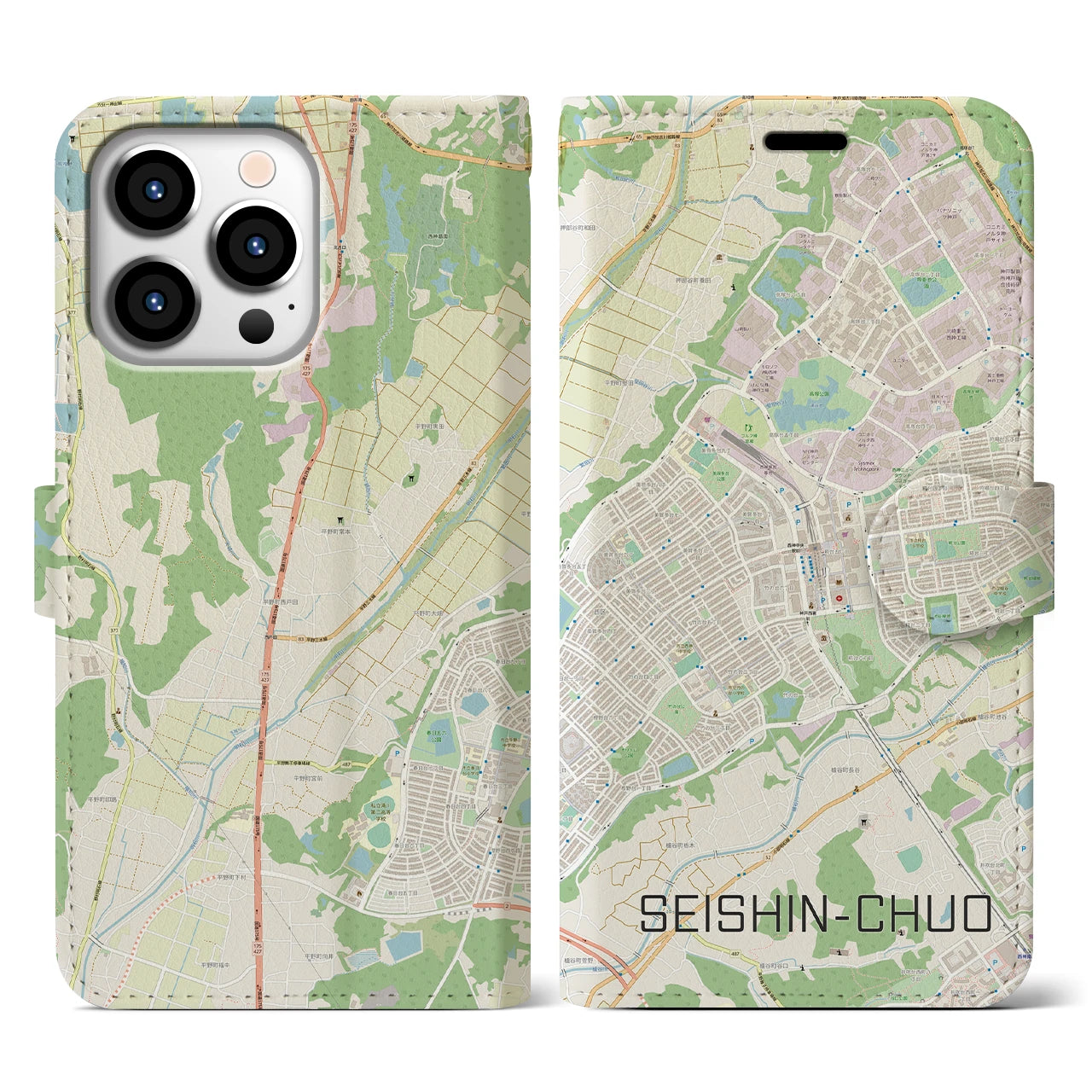 【西神中央(兵庫県)】地図柄iPhoneケース(手帳タイプ)ナチュラル・iPhone 13 Pro 用