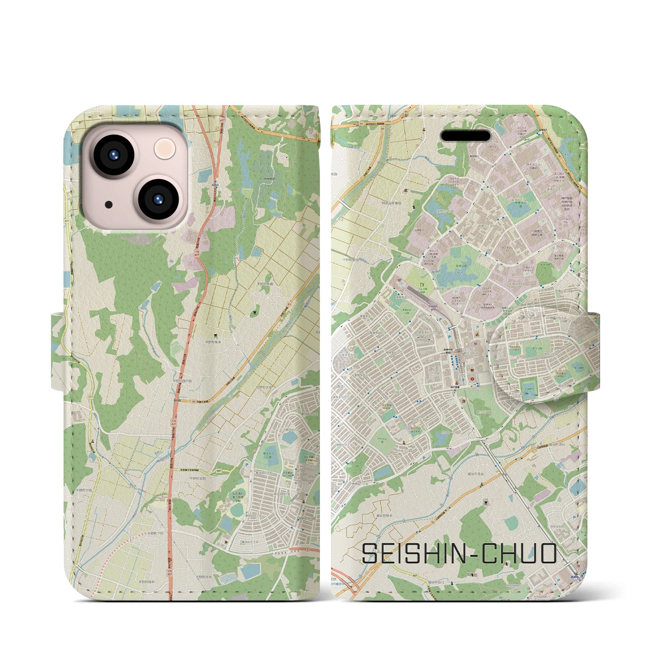 【西神中央(兵庫県)】地図柄iPhoneケース(手帳タイプ)ナチュラル・iPhone 13 mini 用