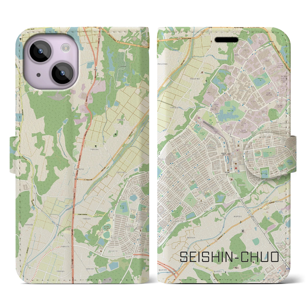 【西神中央(兵庫県)】地図柄iPhoneケース(手帳タイプ)ナチュラル・iPhone 14 用