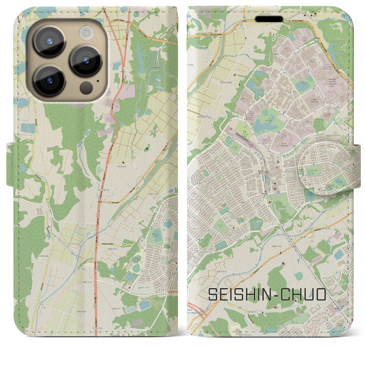 【西神中央(兵庫県)】地図柄iPhoneケース(手帳タイプ)ナチュラル・iPhone 14 Pro Max 用
