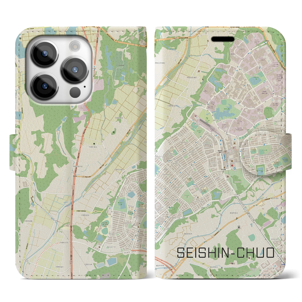 【西神中央(兵庫県)】地図柄iPhoneケース(手帳タイプ)ナチュラル・iPhone 14 Pro 用