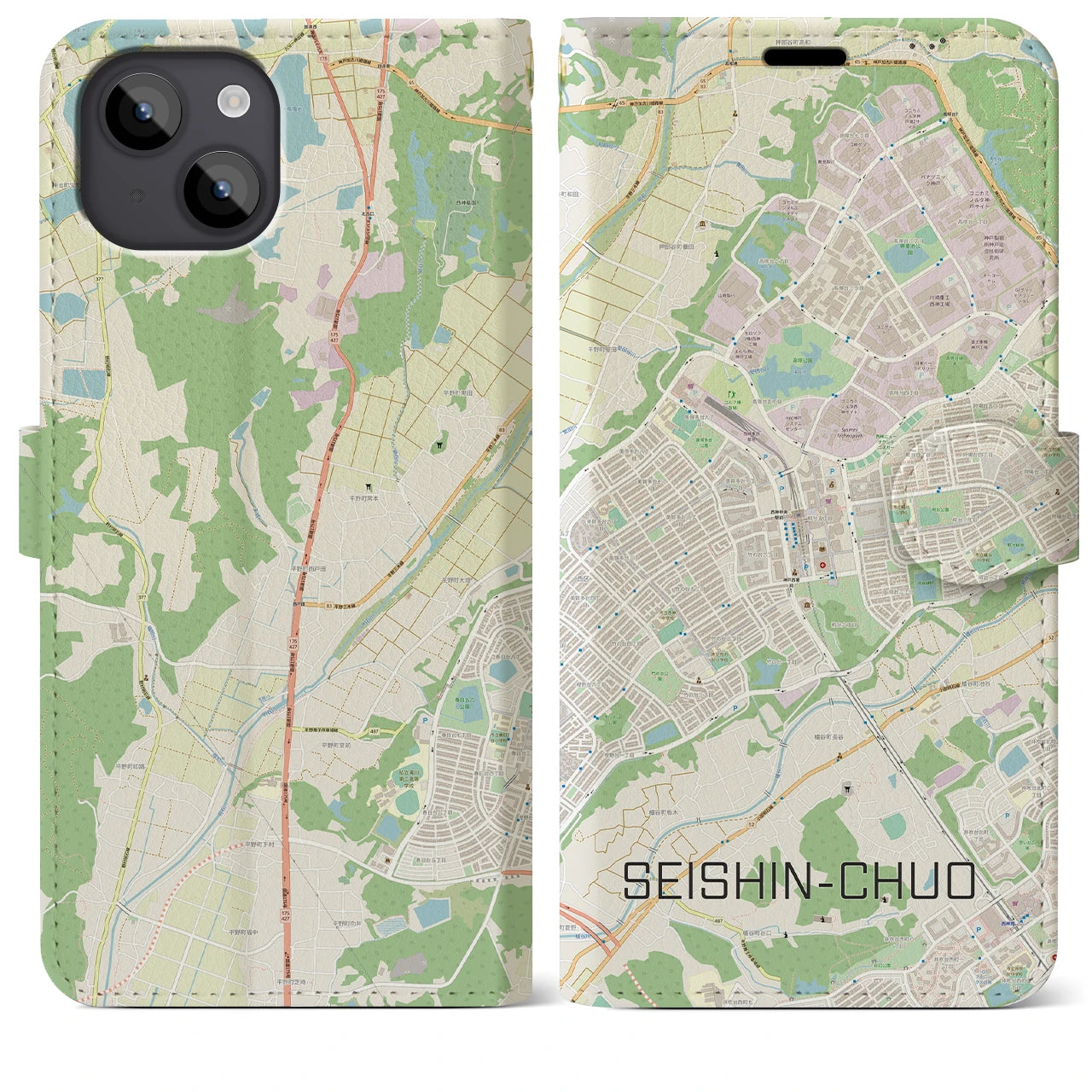 【西神中央(兵庫県)】地図柄iPhoneケース(手帳タイプ)ナチュラル・iPhone 14 Plus 用