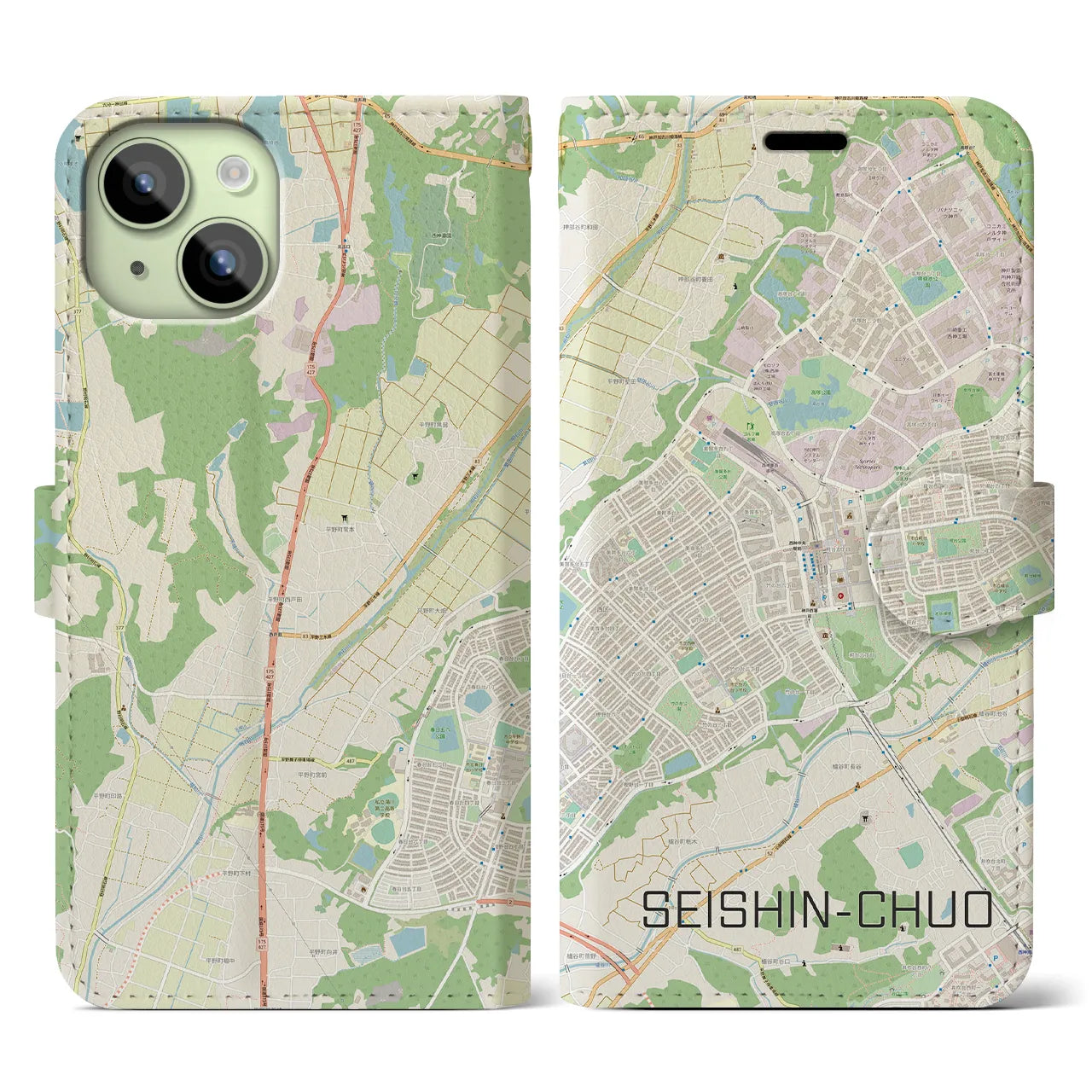 【西神中央(兵庫県)】地図柄iPhoneケース(手帳タイプ)ナチュラル・iPhone 15 用