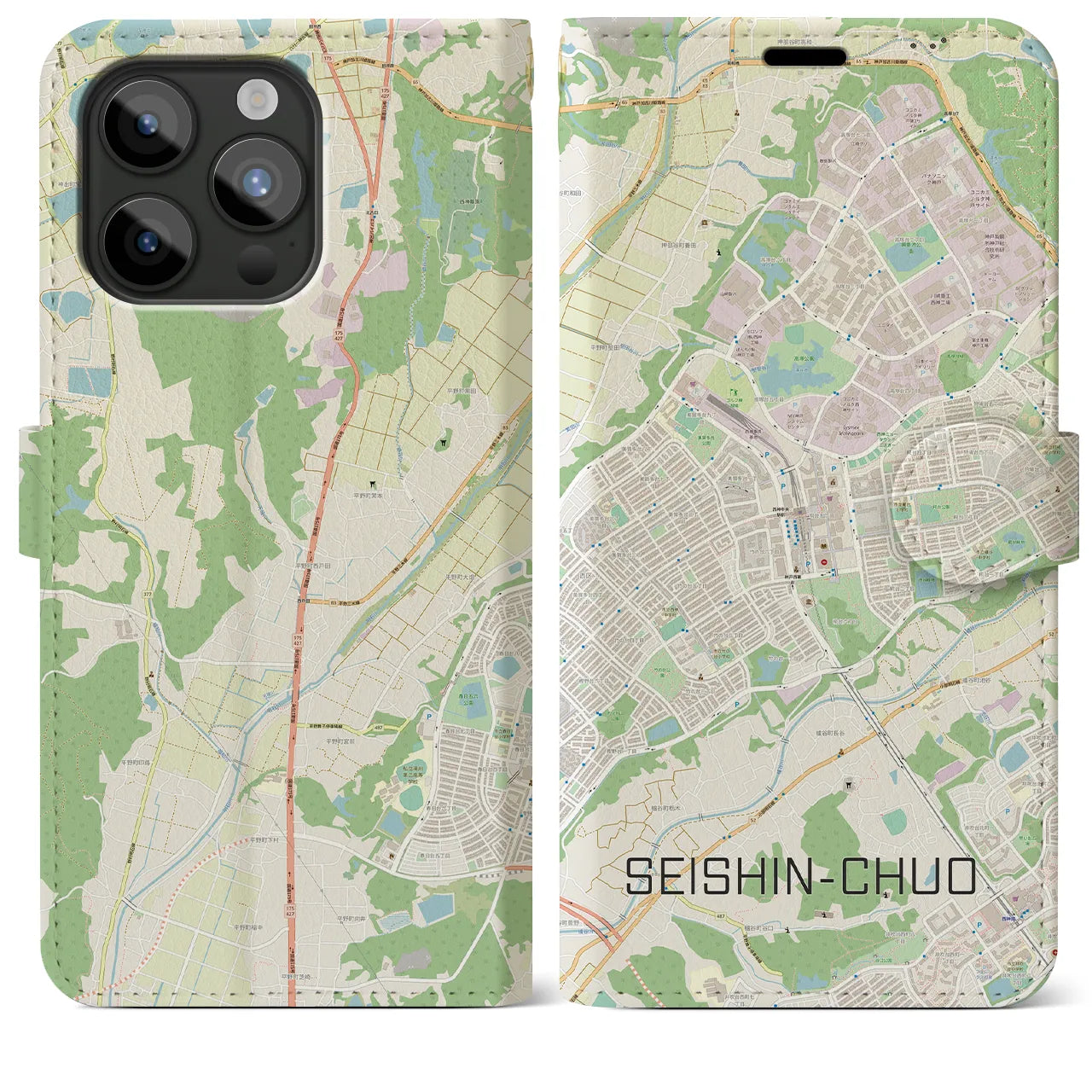 【西神中央(兵庫県)】地図柄iPhoneケース(手帳タイプ)ナチュラル・iPhone 15 Pro Max 用