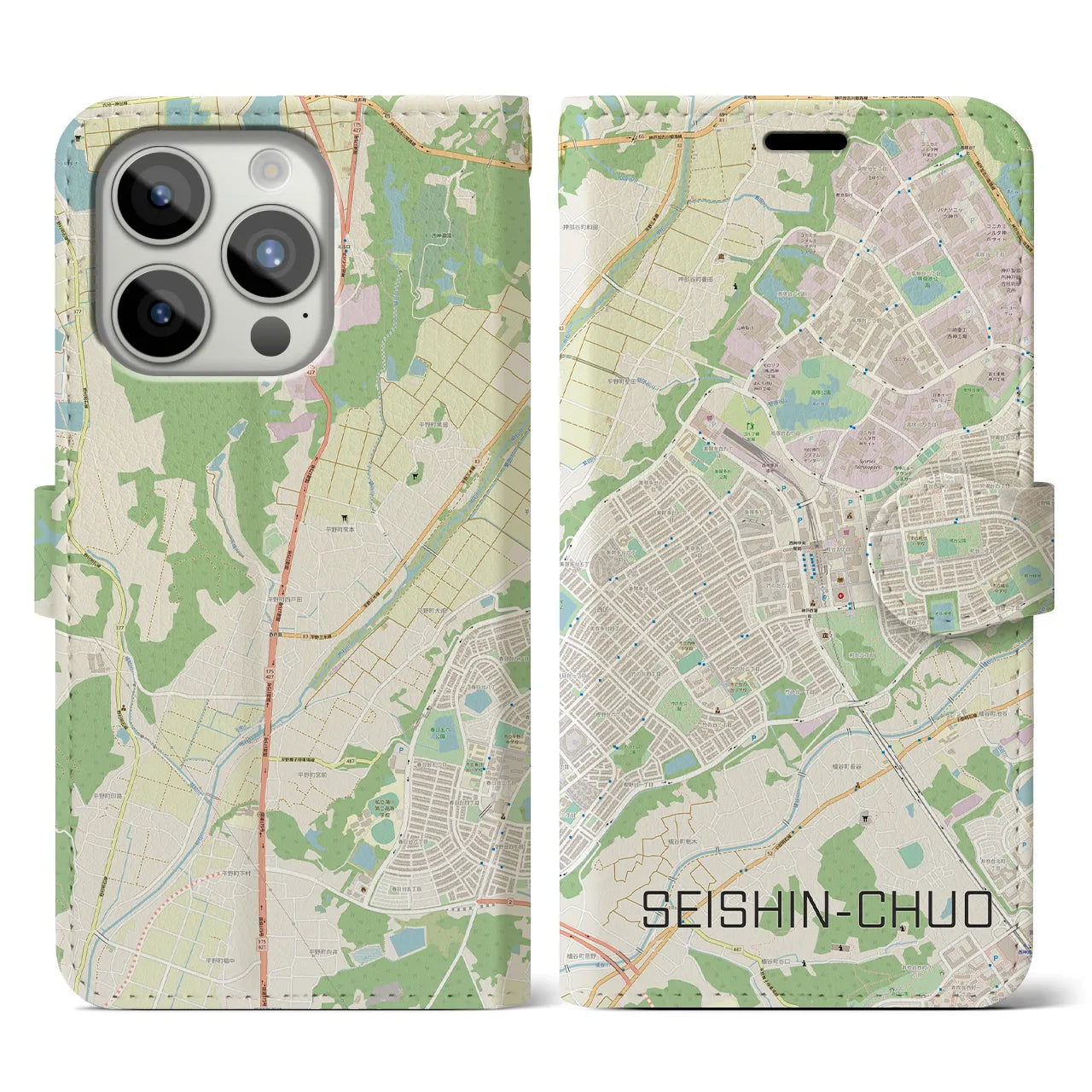 【西神中央(兵庫県)】地図柄iPhoneケース(手帳タイプ)ナチュラル・iPhone 15 Pro 用