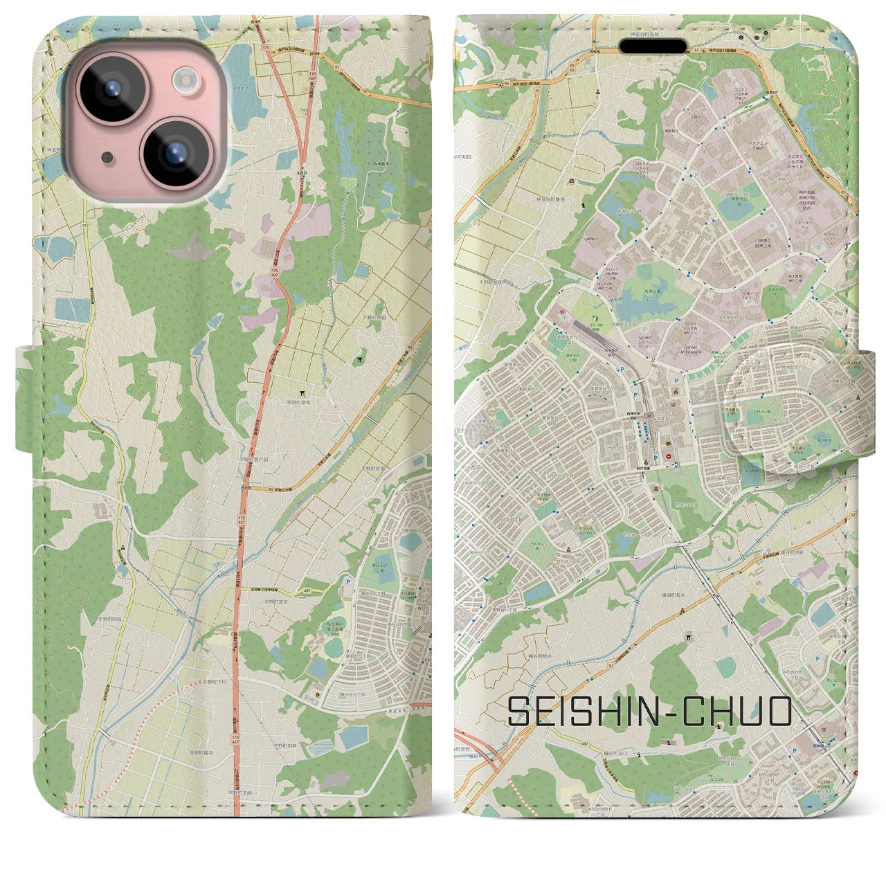 【西神中央(兵庫県)】地図柄iPhoneケース(手帳タイプ)ナチュラル・iPhone 15 Plus 用