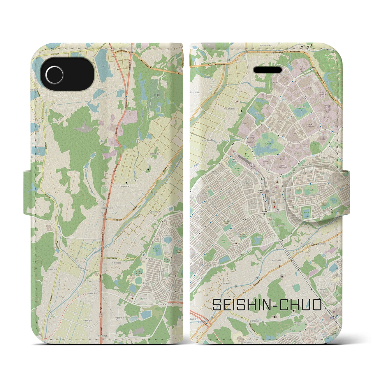 【西神中央(兵庫県)】地図柄iPhoneケース(手帳タイプ)ナチュラル・iPhone SE(第3 / 第2世代) / 8 / 7 / 6s / 6 用