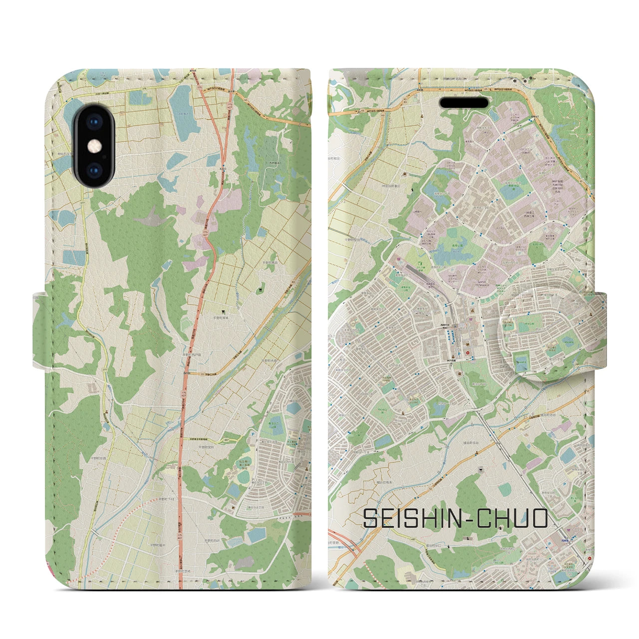 【西神中央(兵庫県)】地図柄iPhoneケース(手帳タイプ)ナチュラル・iPhone XS / X 用