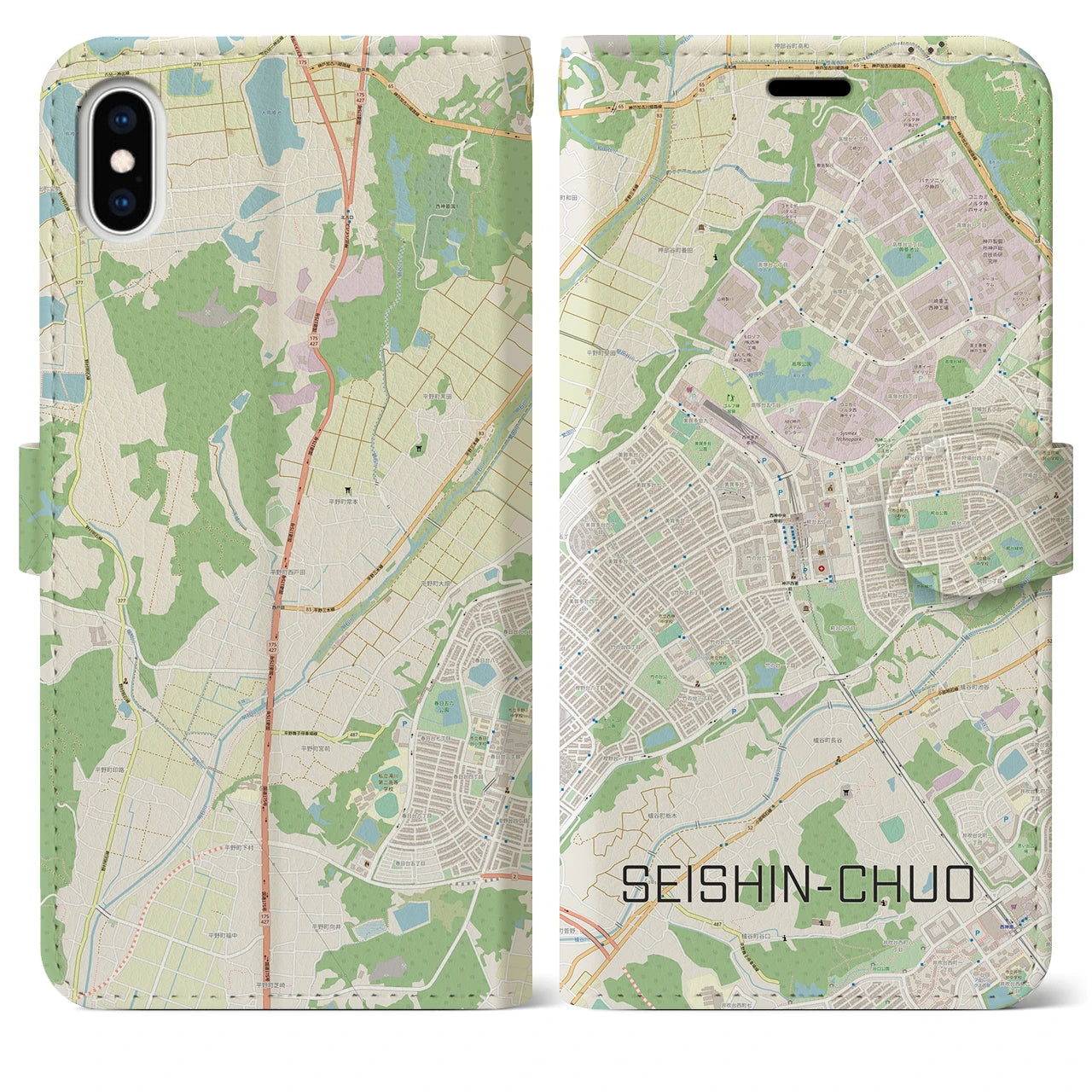 【西神中央(兵庫県)】地図柄iPhoneケース(手帳タイプ)ナチュラル・iPhone XS Max 用