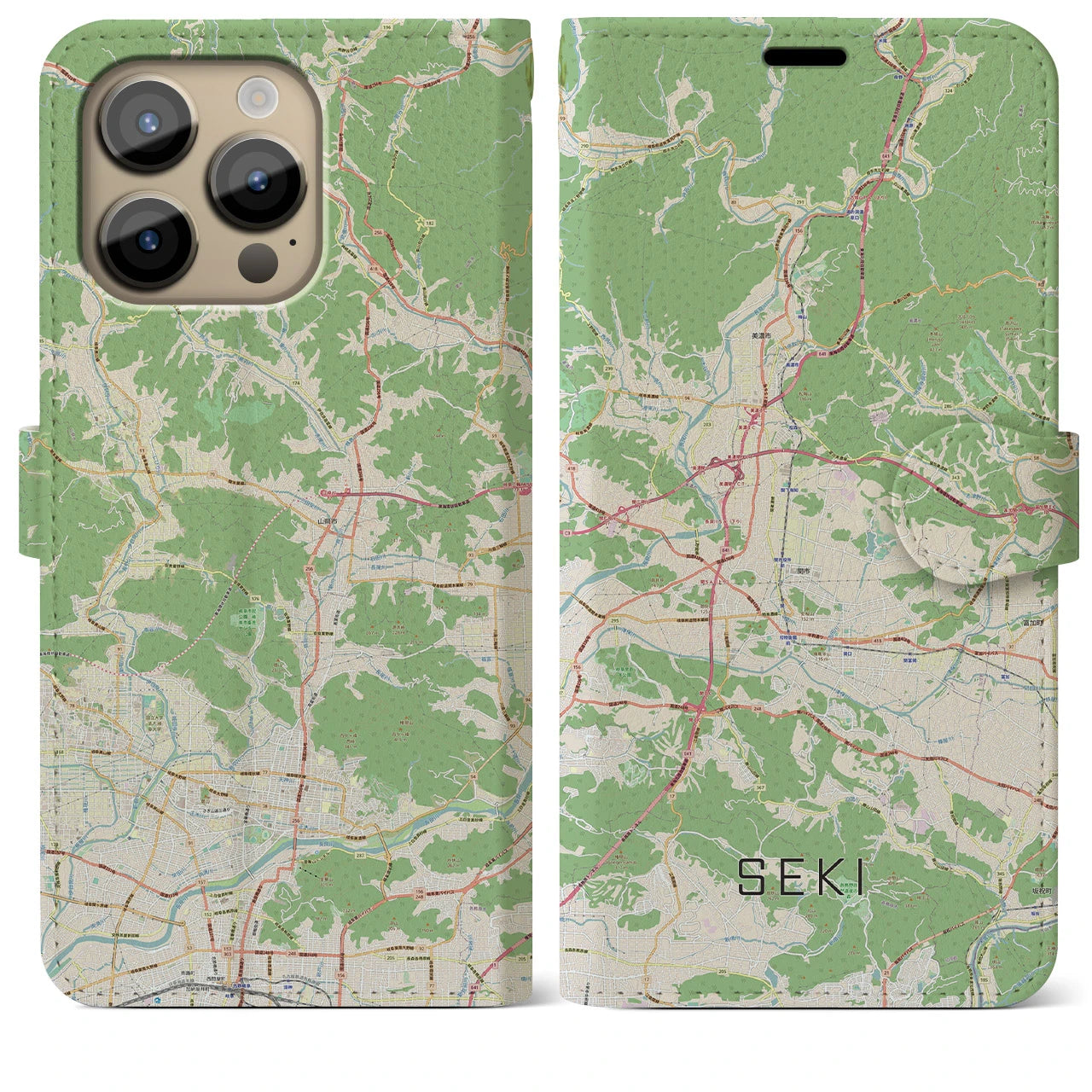 【関(岐阜県)】地図柄iPhoneケース(手帳タイプ)ナチュラル・iPhone 14 Pro Max 用