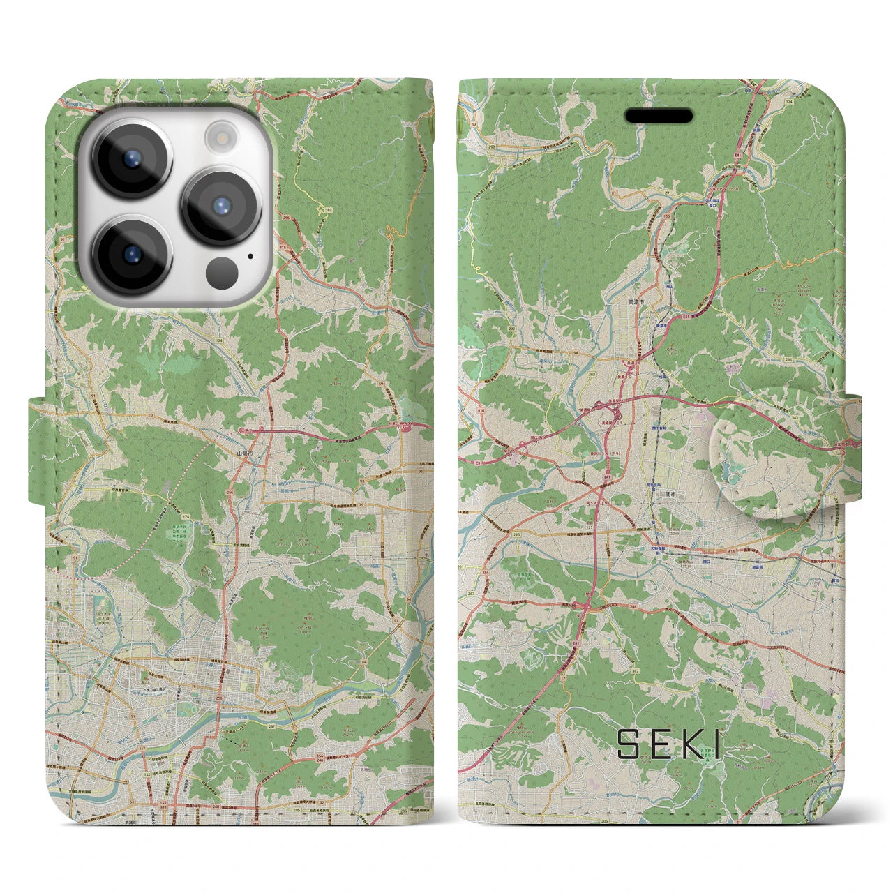 【関(岐阜県)】地図柄iPhoneケース(手帳タイプ)ナチュラル・iPhone 14 Pro 用