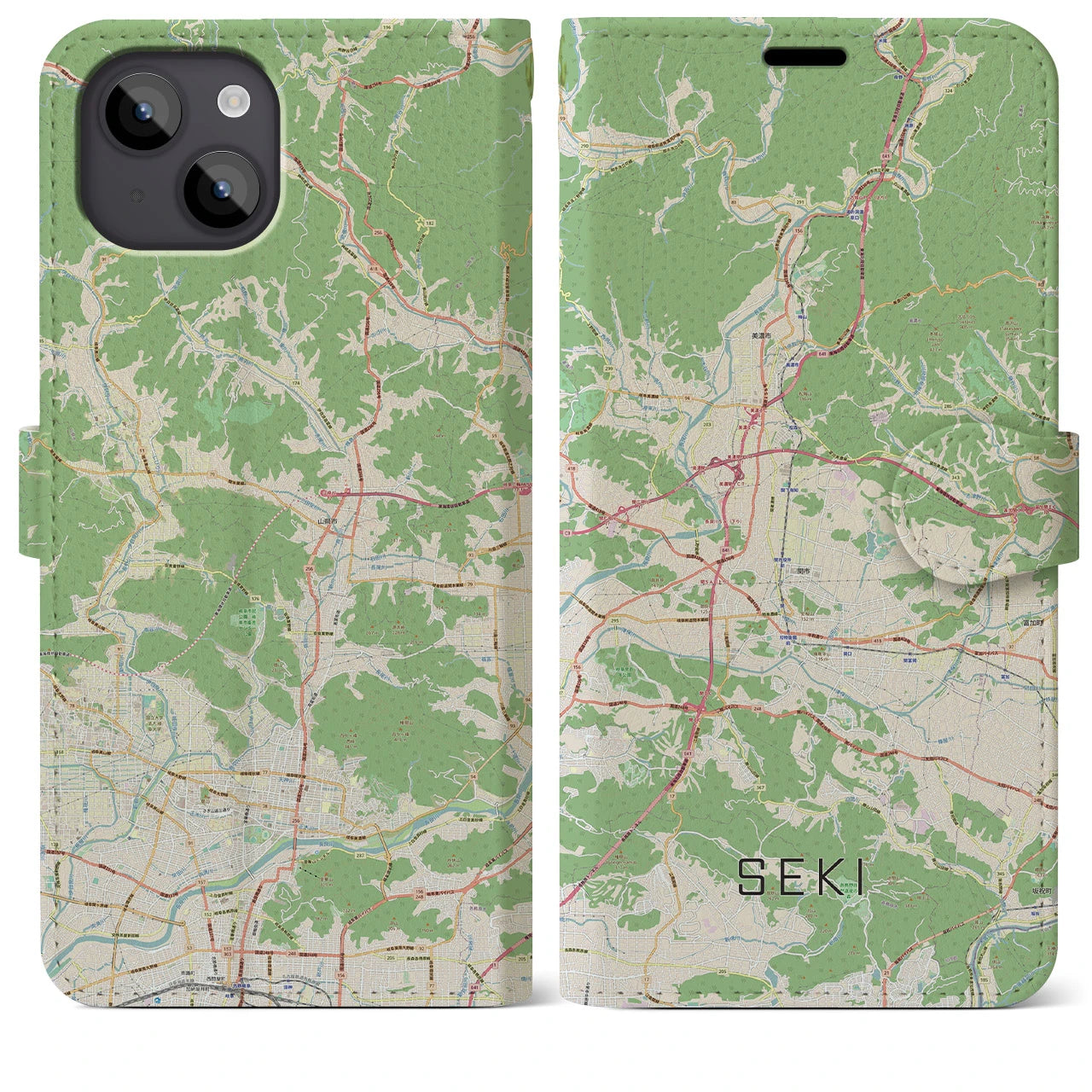 【関(岐阜県)】地図柄iPhoneケース(手帳タイプ)ナチュラル・iPhone 14 Plus 用