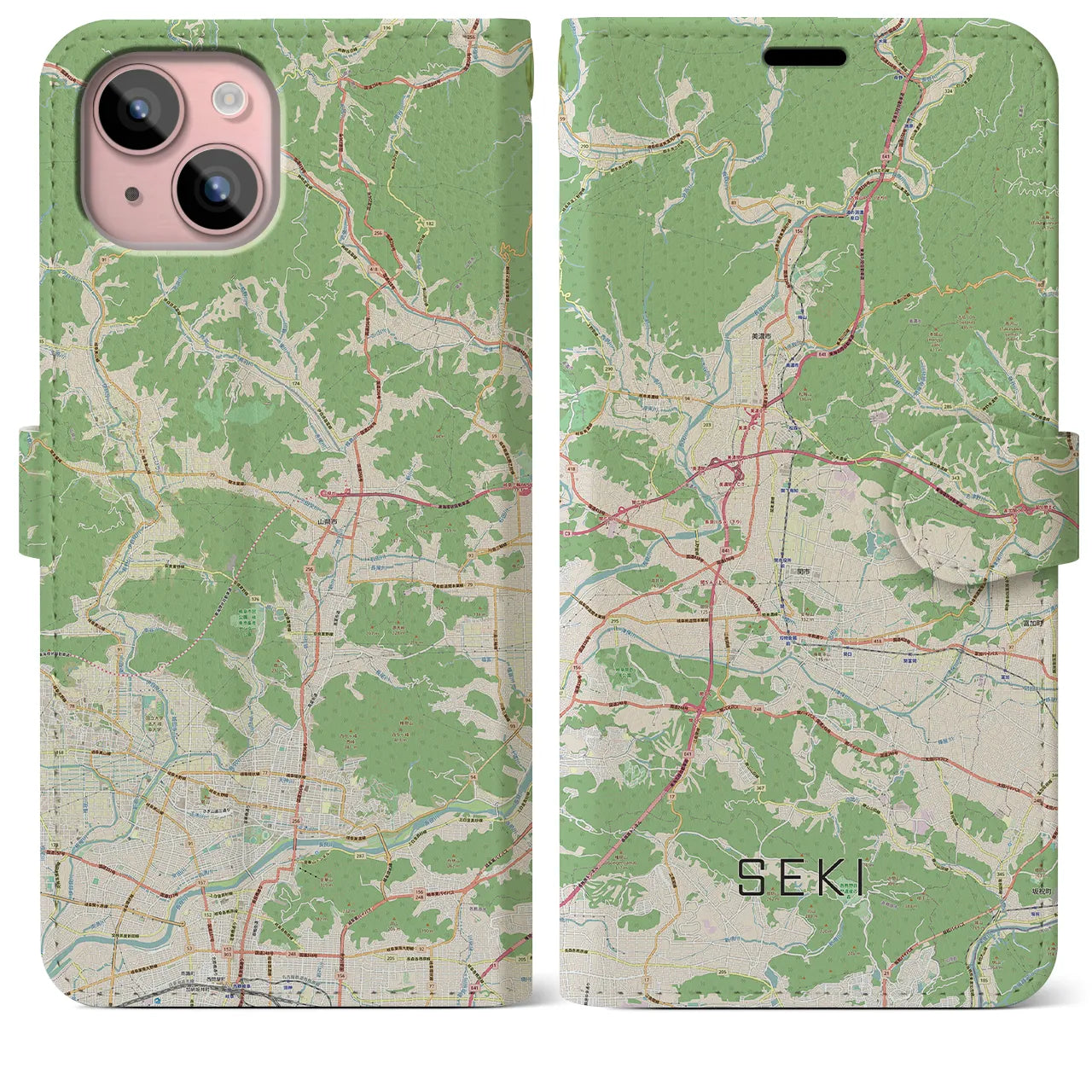 【関(岐阜県)】地図柄iPhoneケース(手帳タイプ)ナチュラル・iPhone 15 Plus 用