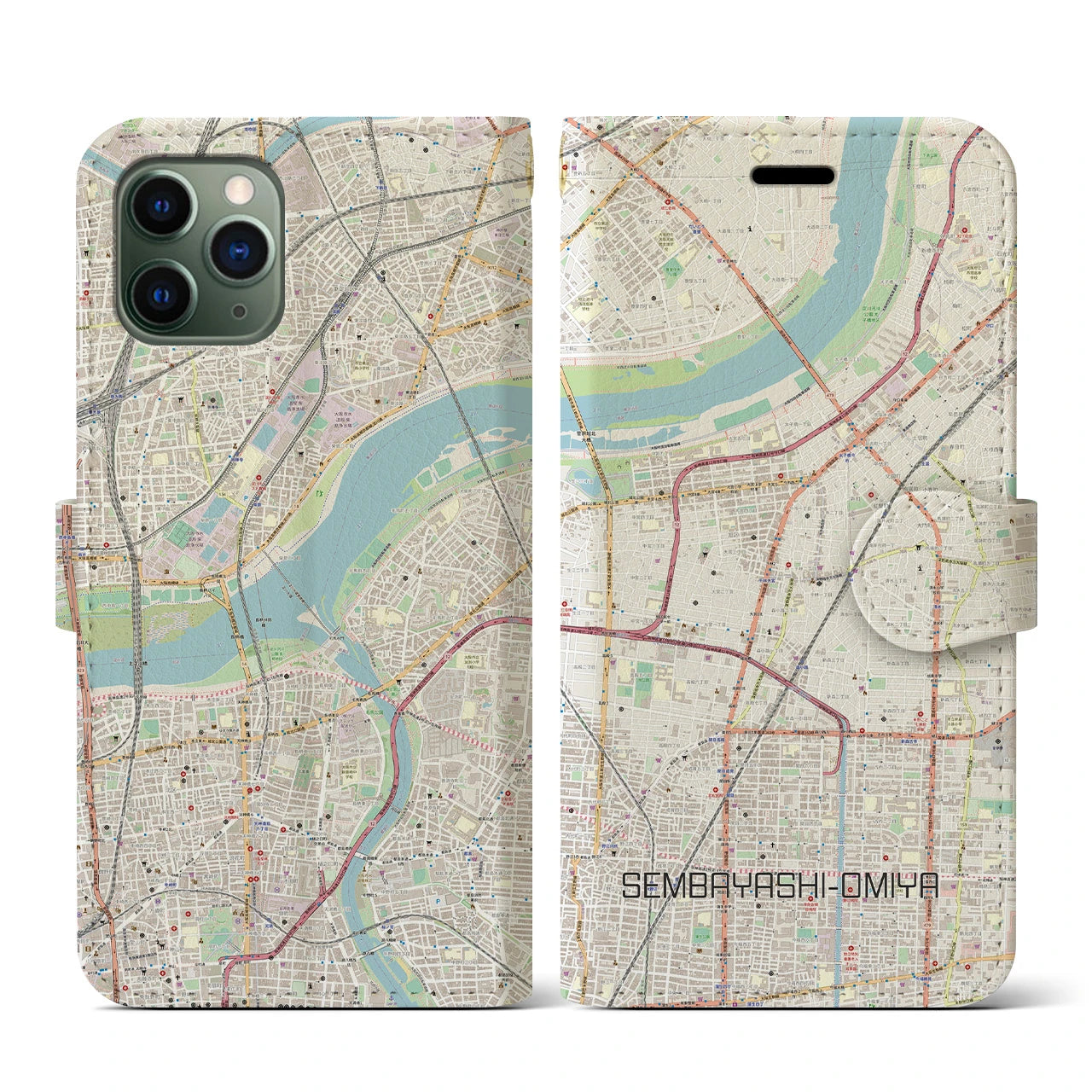 【千林大宮(大阪府)】地図柄iPhoneケース(手帳タイプ)ナチュラル・iPhone 11 Pro 用