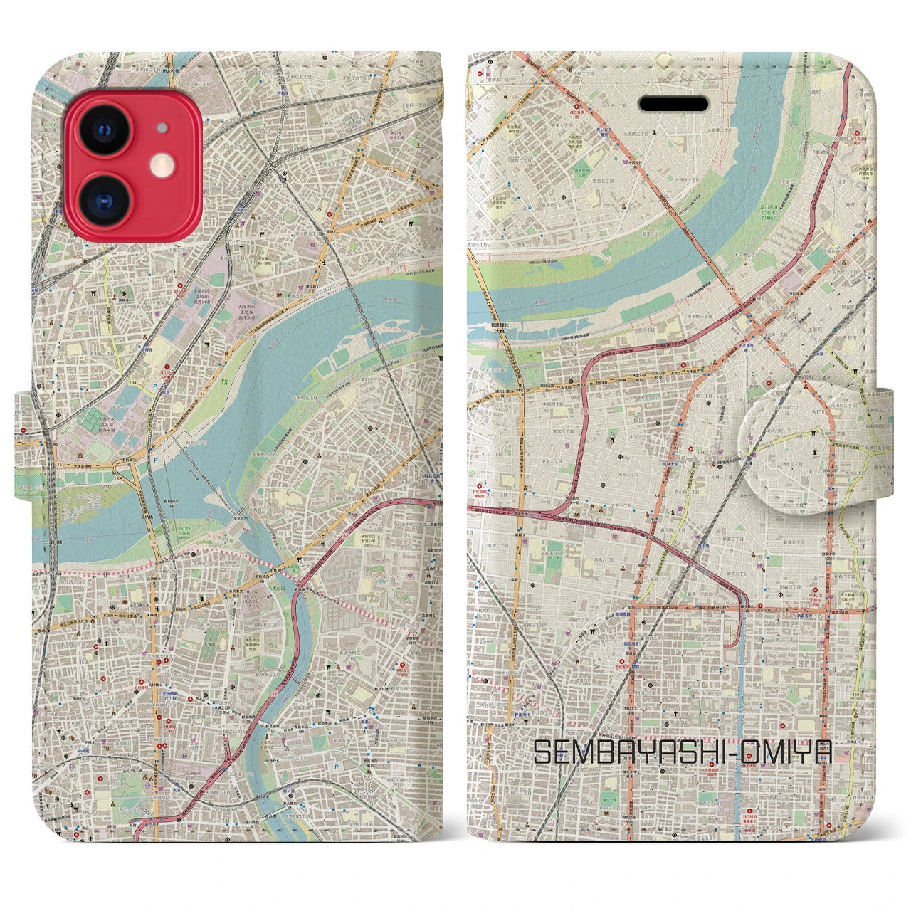 【千林大宮(大阪府)】地図柄iPhoneケース(手帳タイプ)ナチュラル・iPhone 11 用