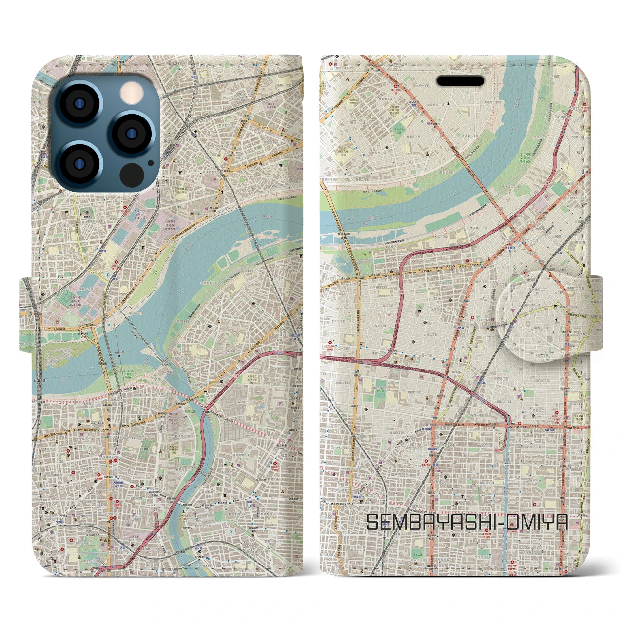 【千林大宮(大阪府)】地図柄iPhoneケース(手帳タイプ)ナチュラル・iPhone 12 / 12 Pro 用