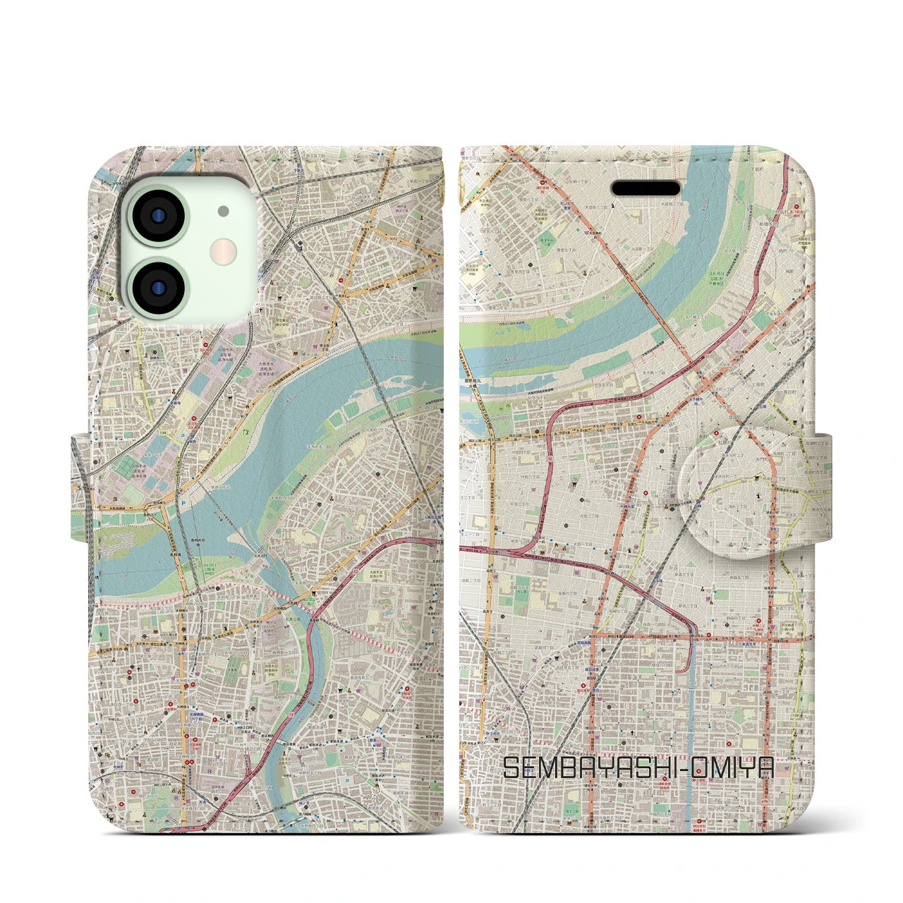 【千林大宮(大阪府)】地図柄iPhoneケース(手帳タイプ)ナチュラル・iPhone 12 mini 用