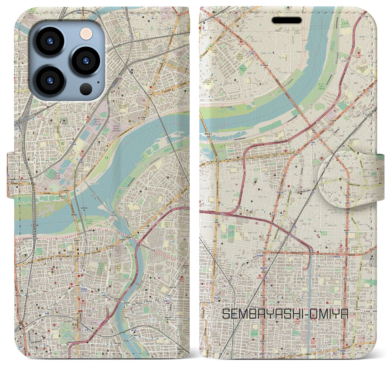 【千林大宮(大阪府)】地図柄iPhoneケース(手帳タイプ)ナチュラル・iPhone 13 Pro Max 用