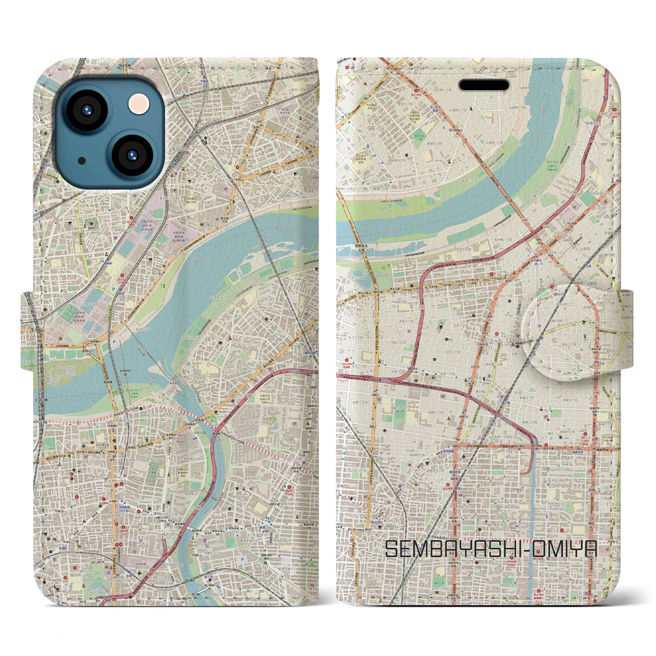 【千林大宮(大阪府)】地図柄iPhoneケース(手帳タイプ)ナチュラル・iPhone 13 用