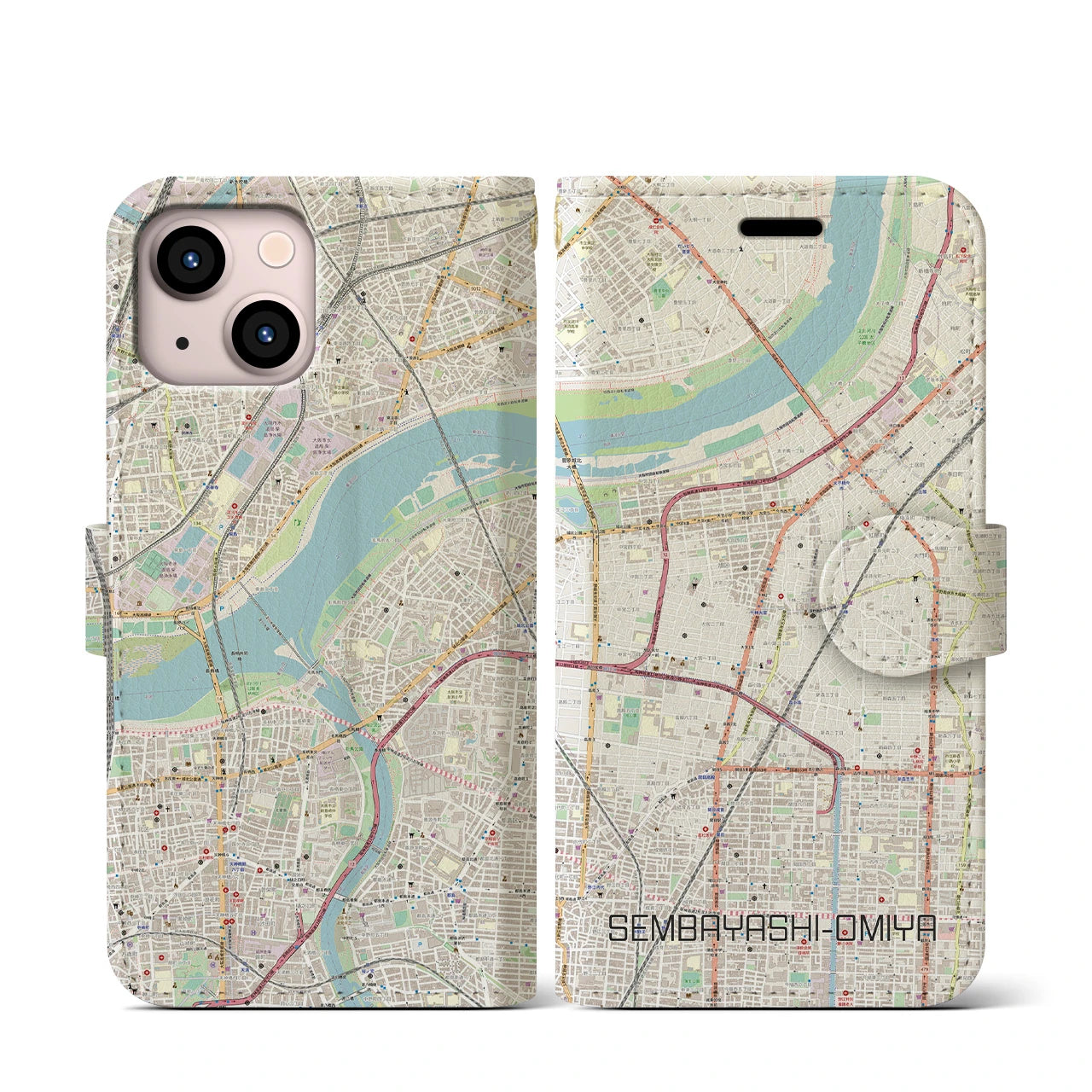 【千林大宮(大阪府)】地図柄iPhoneケース(手帳タイプ)ナチュラル・iPhone 13 mini 用