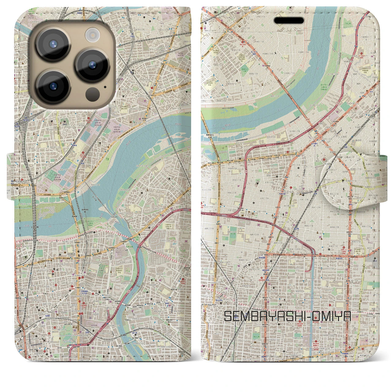 【千林大宮(大阪府)】地図柄iPhoneケース(手帳タイプ)ナチュラル・iPhone 14 Pro Max 用