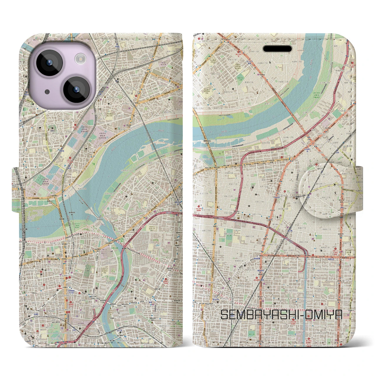 【千林大宮(大阪府)】地図柄iPhoneケース(手帳タイプ)ナチュラル・iPhone 14 用