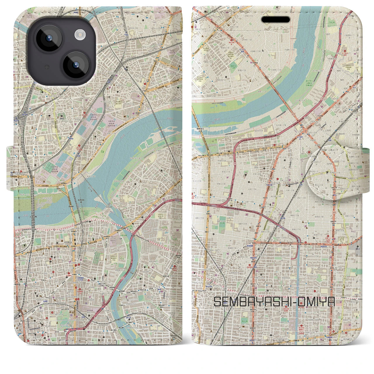 【千林大宮(大阪府)】地図柄iPhoneケース(手帳タイプ)ナチュラル・iPhone 14 Plus 用