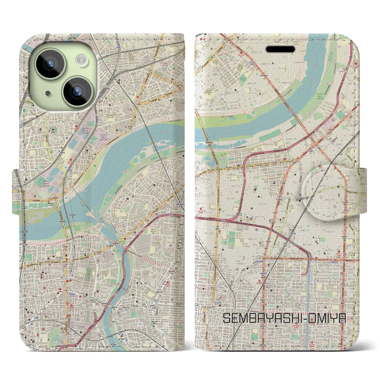 【千林大宮(大阪府)】地図柄iPhoneケース(手帳タイプ)ナチュラル・iPhone 15 用