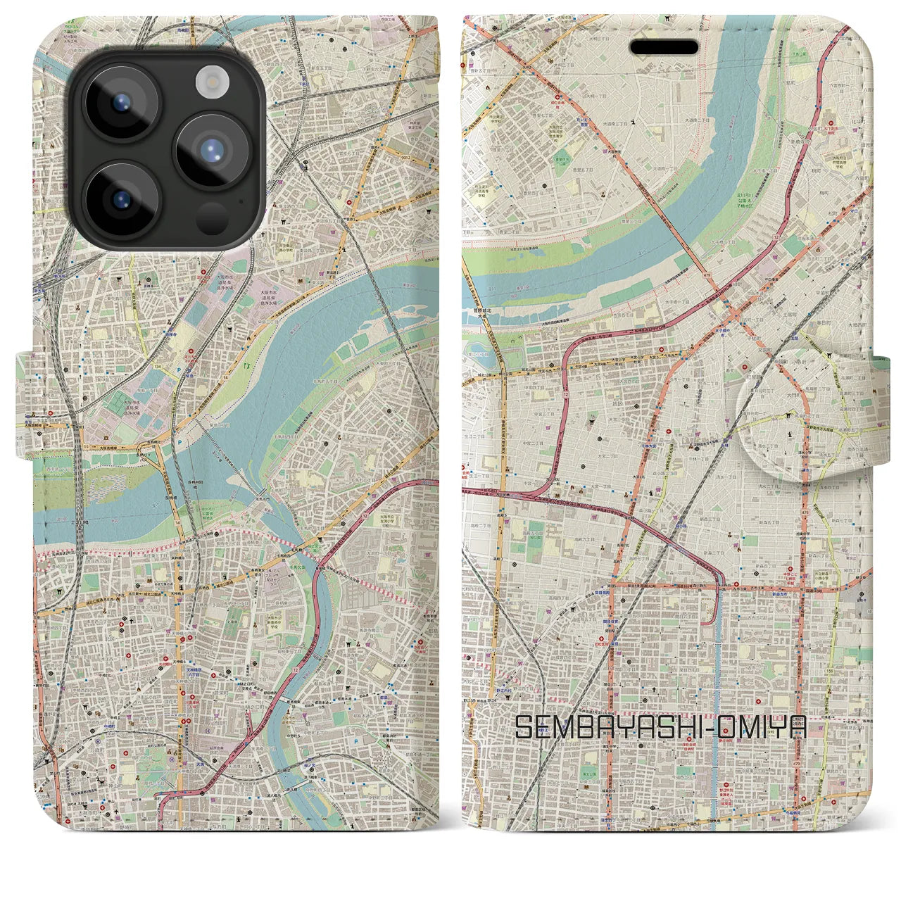 【千林大宮(大阪府)】地図柄iPhoneケース(手帳タイプ)ナチュラル・iPhone 15 Pro Max 用