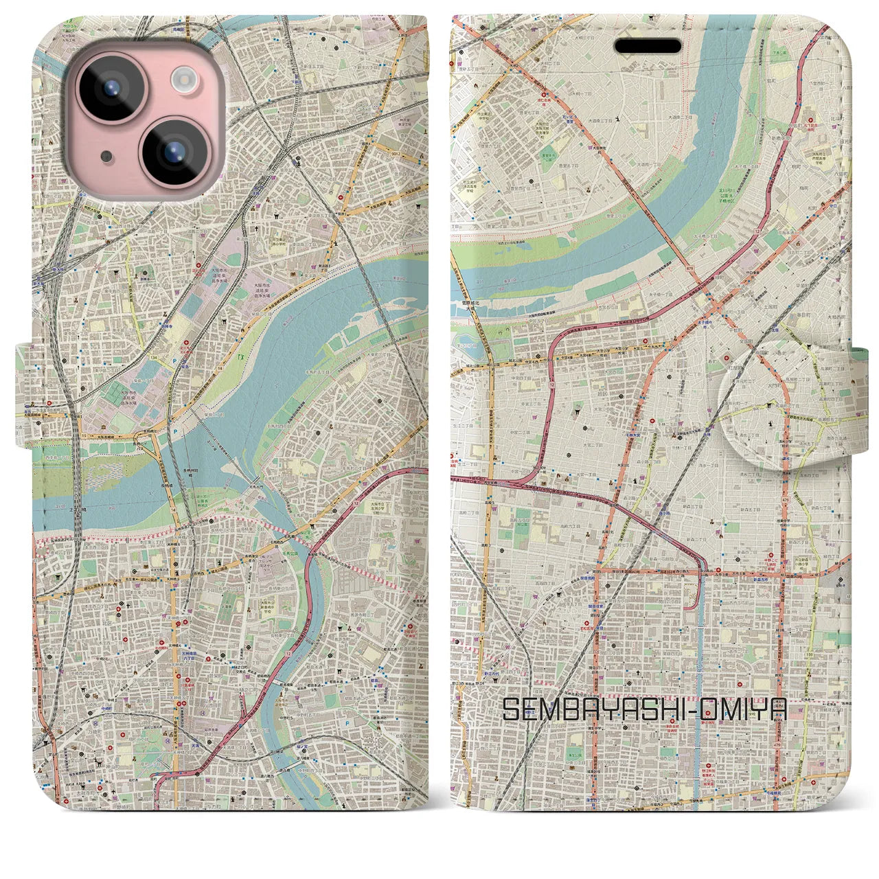 【千林大宮(大阪府)】地図柄iPhoneケース(手帳タイプ)ナチュラル・iPhone 15 Plus 用