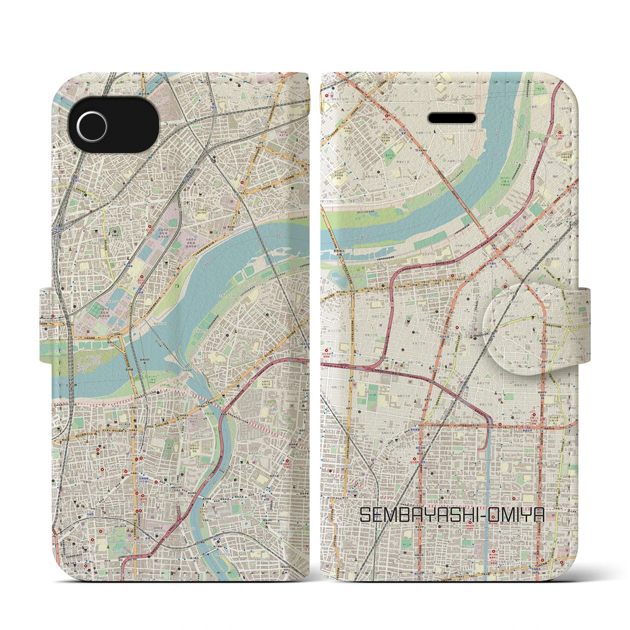 【千林大宮(大阪府)】地図柄iPhoneケース(手帳タイプ)ナチュラル・iPhone SE(第3 / 第2世代) / 8 / 7 / 6s / 6 用