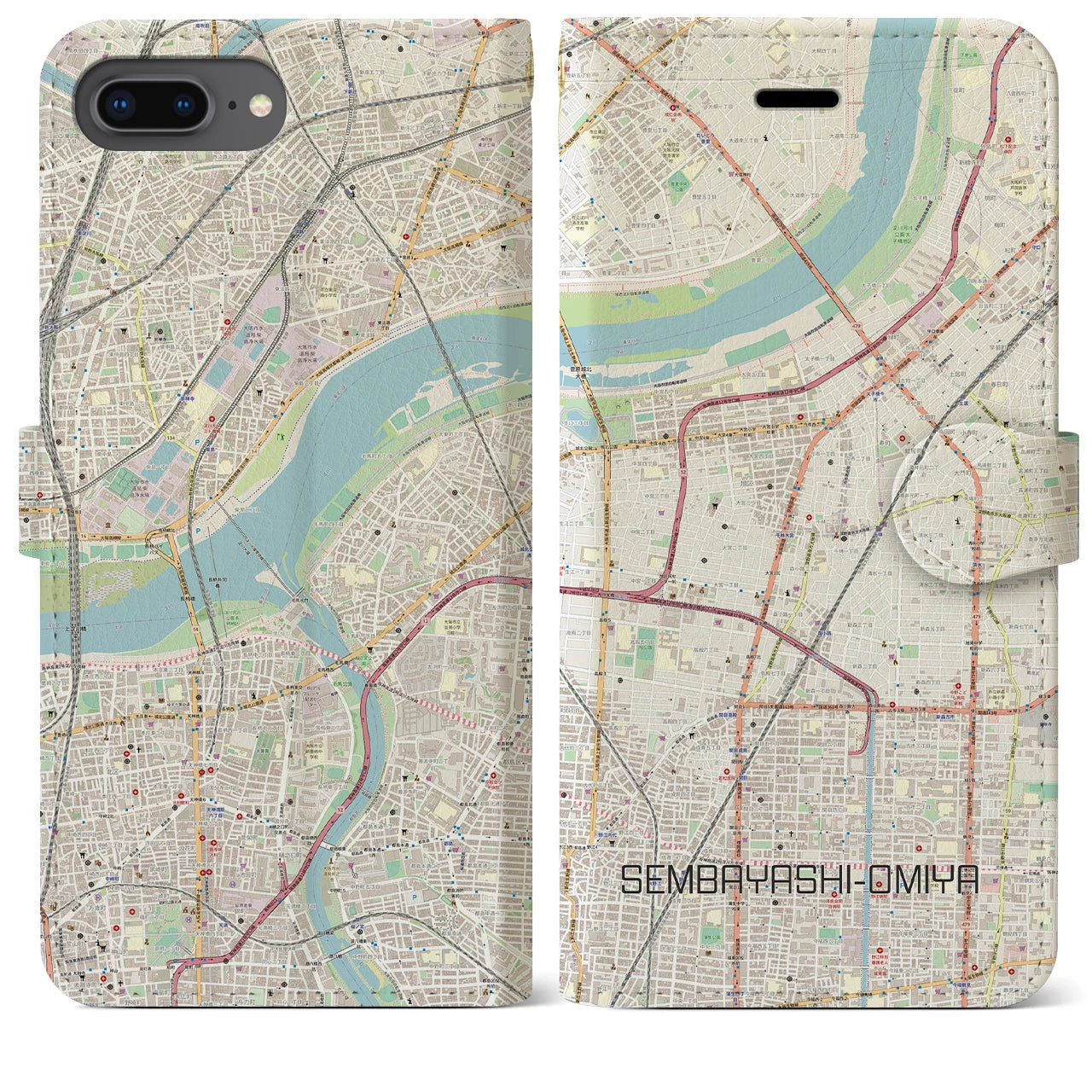 【千林大宮(大阪府)】地図柄iPhoneケース(手帳タイプ)ナチュラル・iPhone 8Plus /7Plus / 6sPlus / 6Plus 用