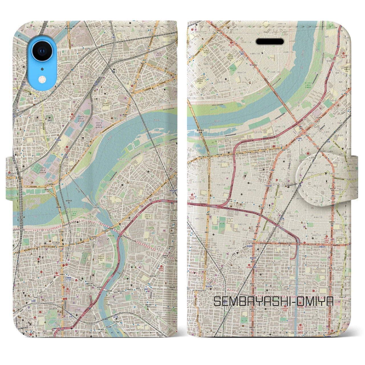 【千林大宮(大阪府)】地図柄iPhoneケース(手帳タイプ)ナチュラル・iPhone XR 用