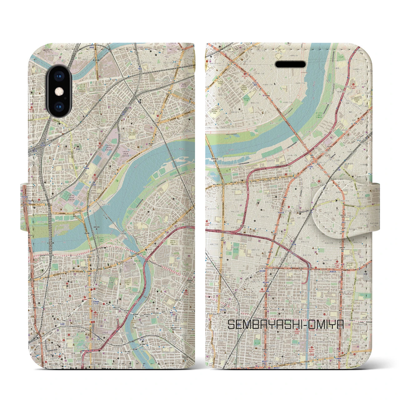 【千林大宮(大阪府)】地図柄iPhoneケース(手帳タイプ)ナチュラル・iPhone XS / X 用