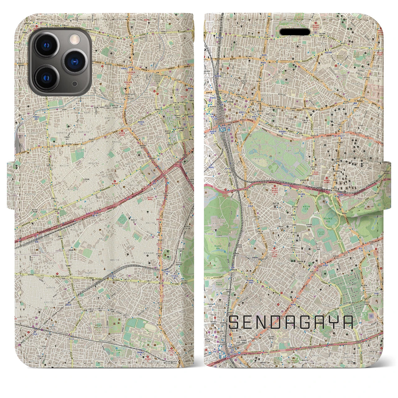 【千駄ケ谷(東京都)】地図柄iPhoneケース(手帳タイプ)ナチュラル・iPhone 11 Pro Max 用