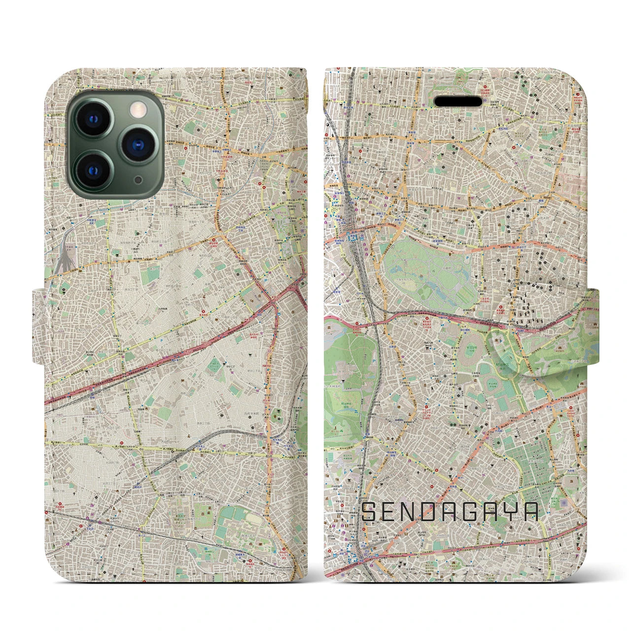 【千駄ケ谷(東京都)】地図柄iPhoneケース(手帳タイプ)ナチュラル・iPhone 11 Pro 用