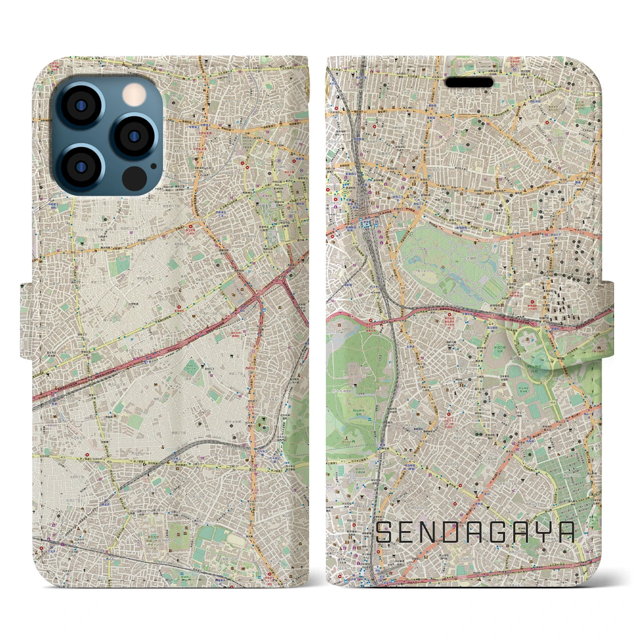 【千駄ケ谷(東京都)】地図柄iPhoneケース(手帳タイプ)ナチュラル・iPhone 12 / 12 Pro 用