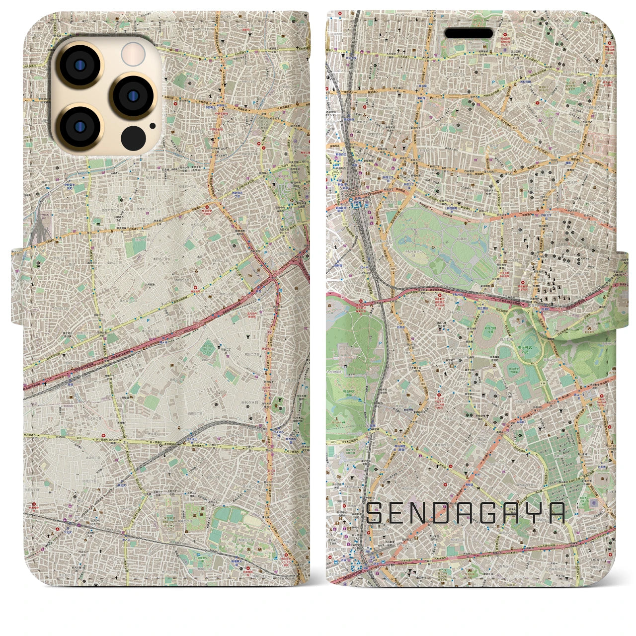 【千駄ケ谷(東京都)】地図柄iPhoneケース(手帳タイプ)ナチュラル・iPhone 12 Pro Max 用